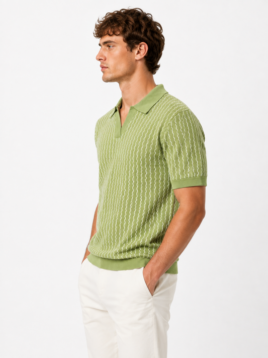 Olive Green Textured Striped Half-Zip Polo T-Shirt