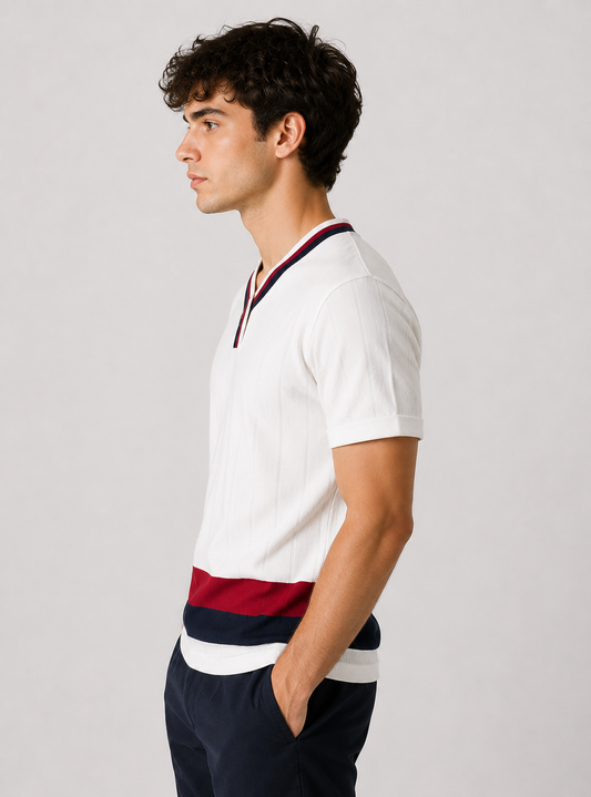 White Textured Stripe V-Neck Polo T-Shirt