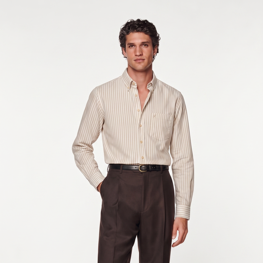 Male model wearing classic beige striped Oxford shirt for men
