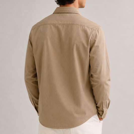 Premium Sand Beige Cotton Linen Shirt for Men Back View on Model