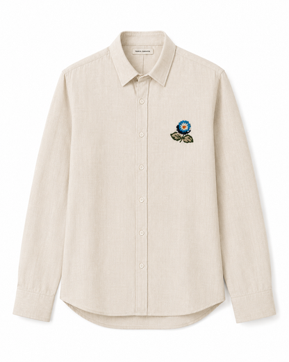 Premium beige embroidered linen shirt for men by Nakul Sakhiya
