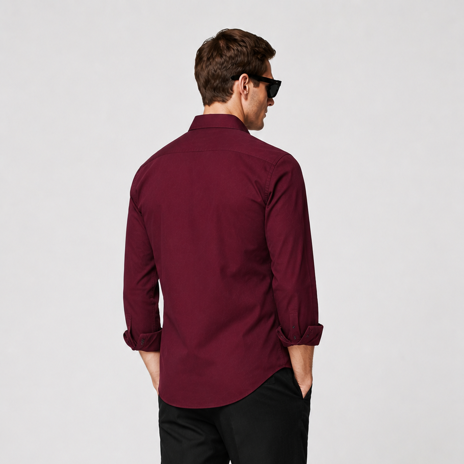 Premium Burgundy Satin Formal Shirt for Men with full outfit styling by Nakul Sakhiya