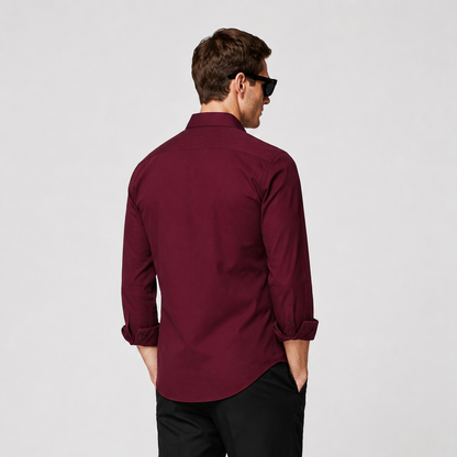 Premium Burgundy Satin Formal Shirt for Men with full outfit styling by Nakul Sakhiya