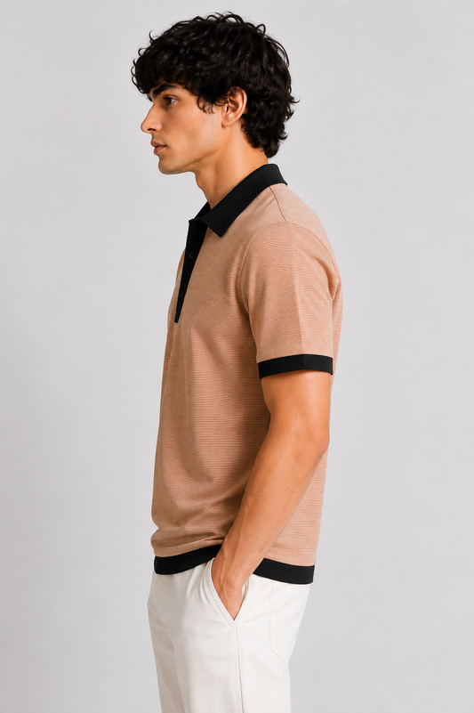 Peach Micro-Stripe Contrast Polo T-Shirt