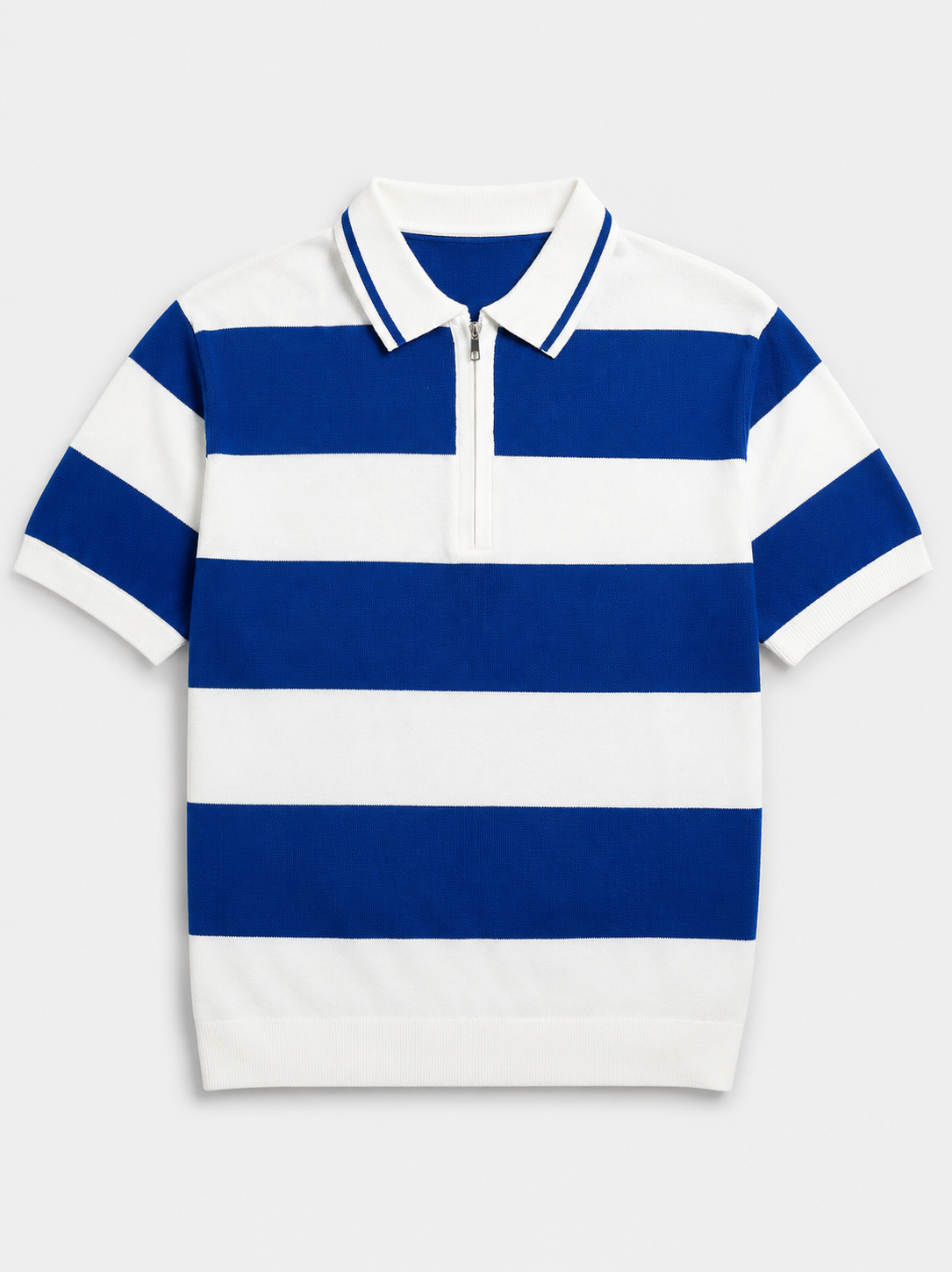 A short-sleeve polo shirt with bold horizontal blue and white stripes, featuring a white collar with blue piping and a short front zipper.
