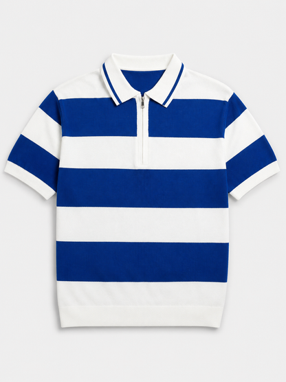 A short-sleeve polo shirt with bold horizontal blue and white stripes, featuring a white collar with blue piping and a short front zipper.