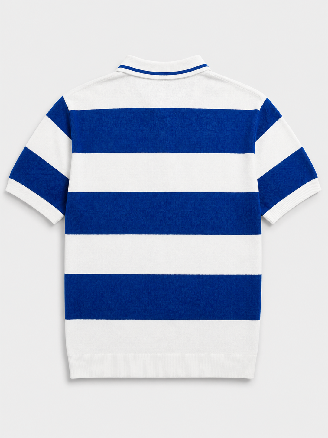 A short-sleeve polo shirt with bold horizontal blue and white stripes, shown from the back on a light gray background.