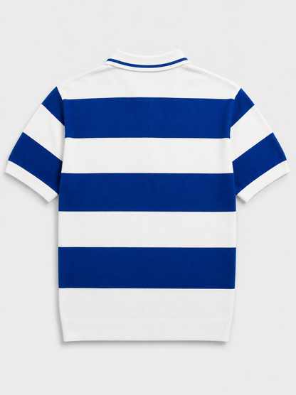 A short-sleeve polo shirt with bold horizontal blue and white stripes, shown from the back on a light gray background.