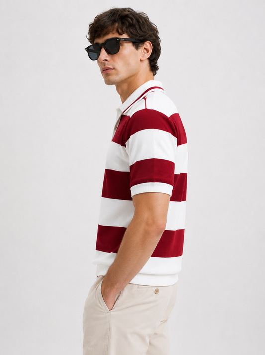 White & Burgundy Red Striped Half-Zip Polo T-Shirt