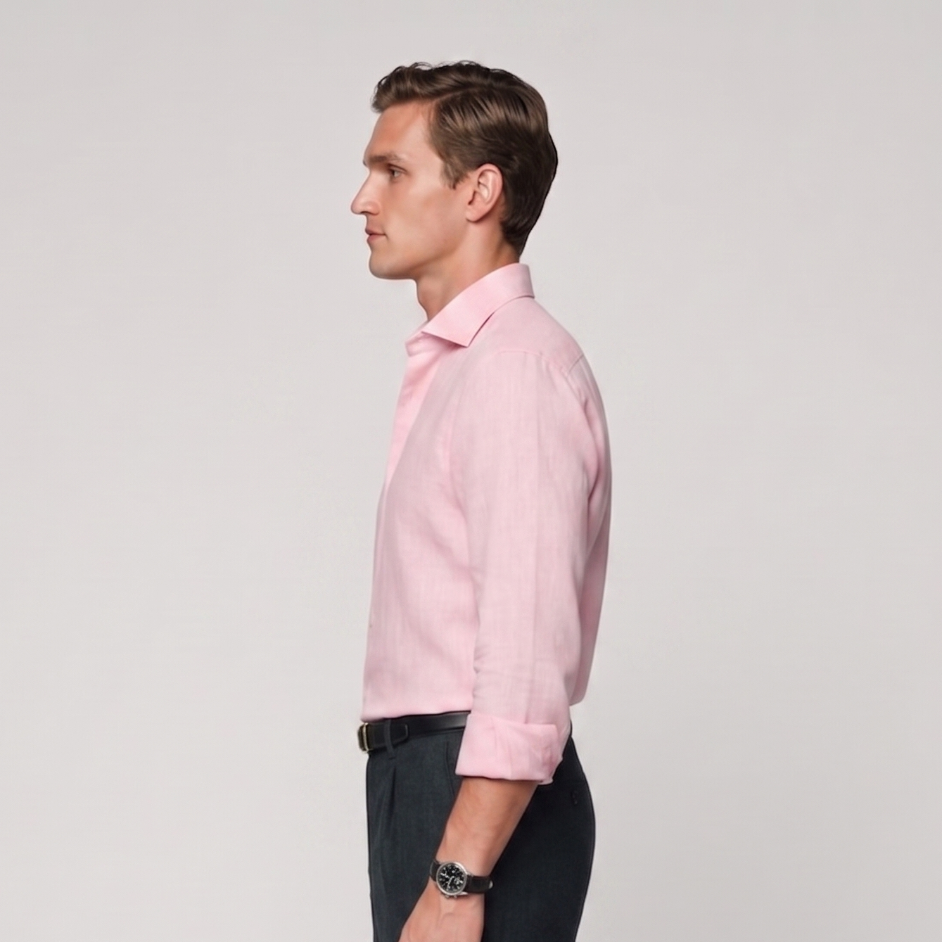 Back side view of male model wearing premium baby pink linen shirt