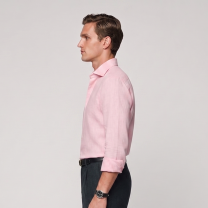 Back side view of male model wearing premium baby pink linen shirt