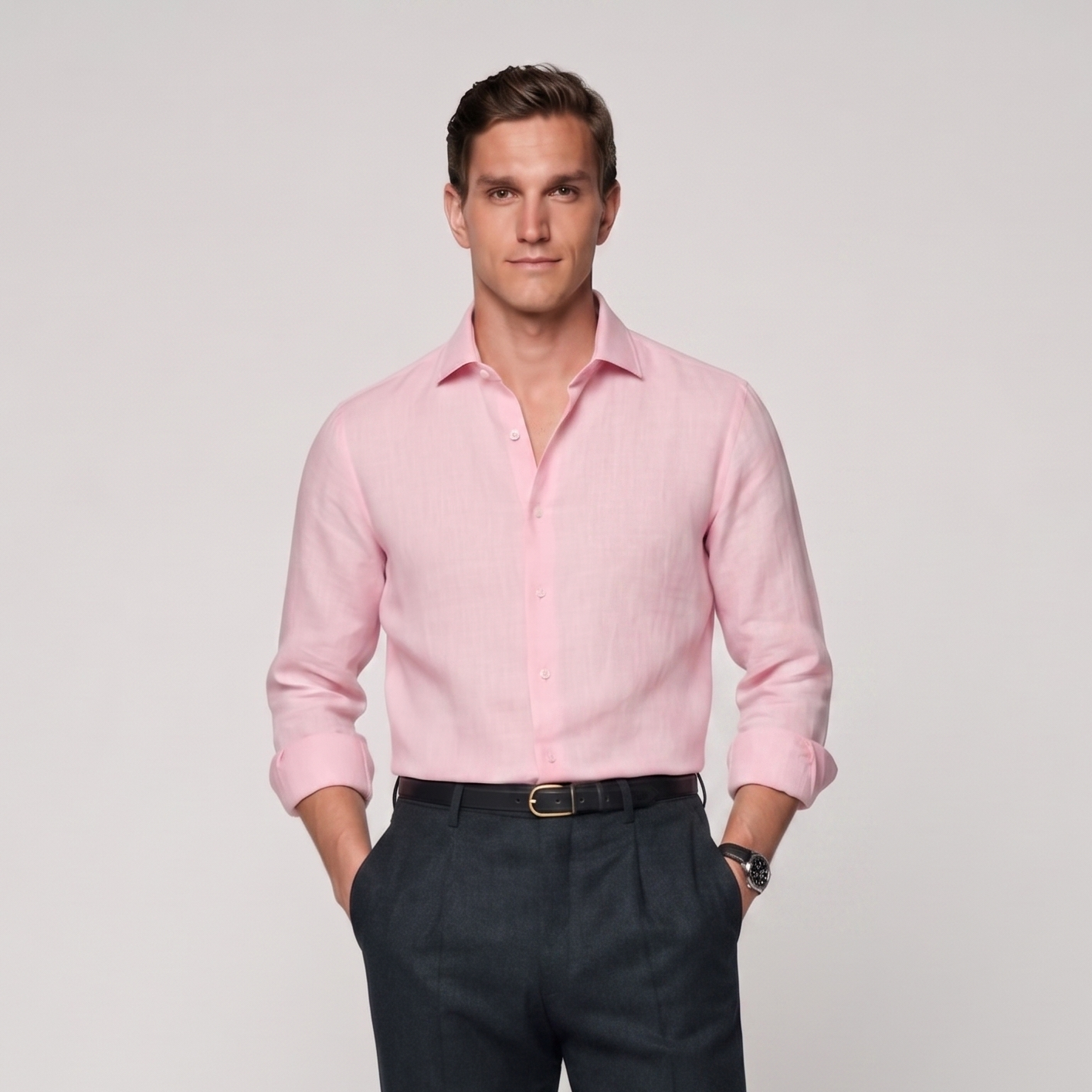 Male model wearing baby pink linen shirt for men