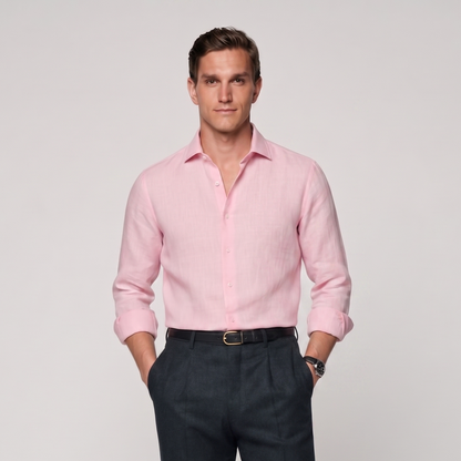 Male model wearing baby pink linen shirt for men