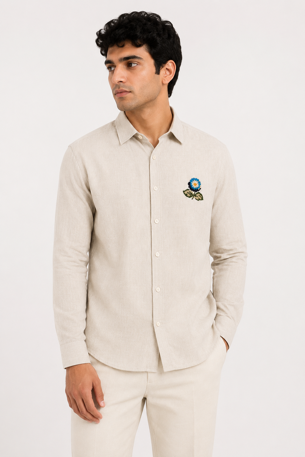 Male model wearing beige embroidered linen shirt for men
