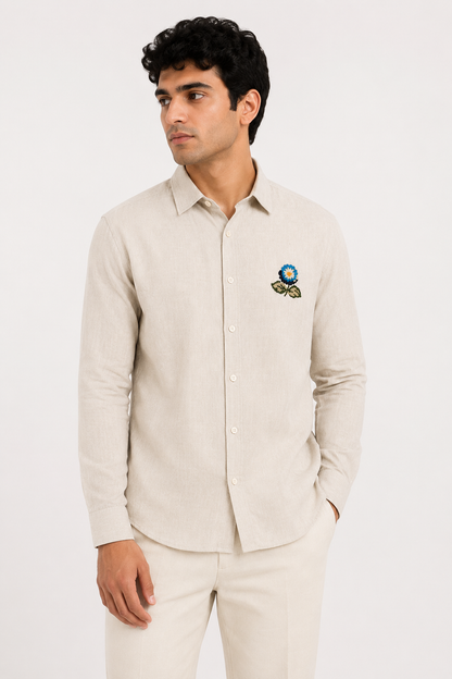 Male model wearing beige embroidered linen shirt for men