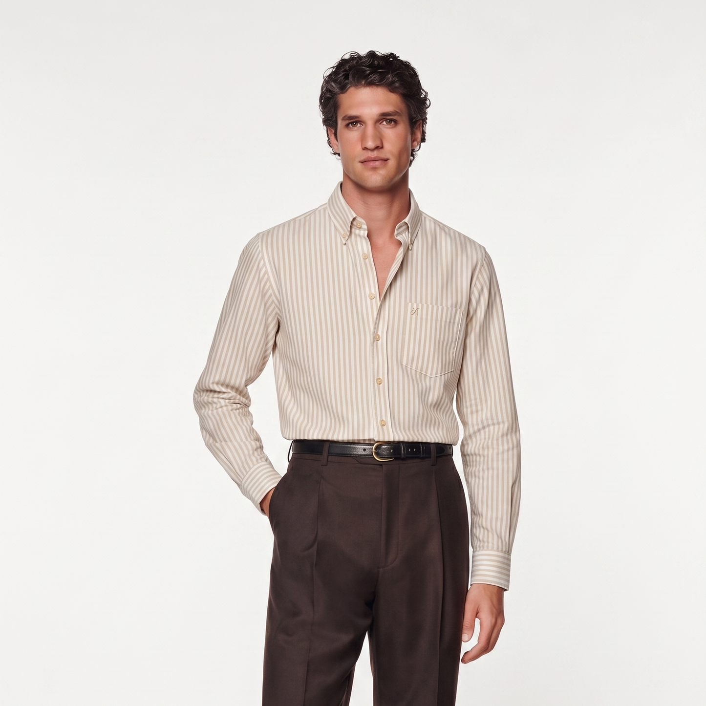 Male model wearing classic beige striped Oxford shirt for men