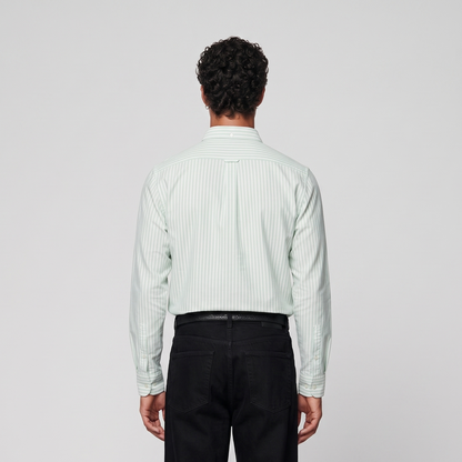 Back view of male model wearing mint green striped Oxford shirt