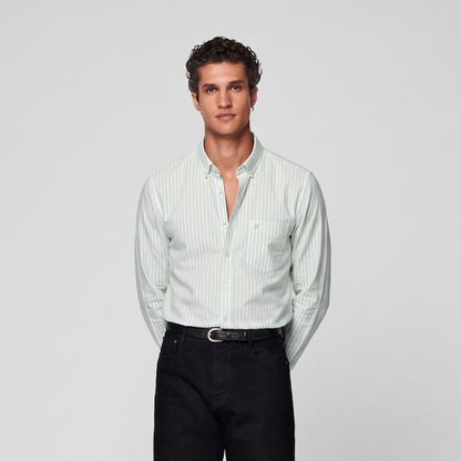 Male model wearing mint green striped Oxford shirt for men