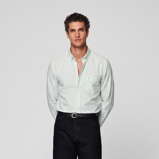 Male model wearing mint green striped Oxford shirt for men