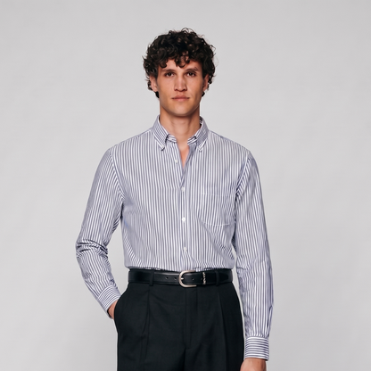 Male model wearing navy blue striped Oxford shirt for men