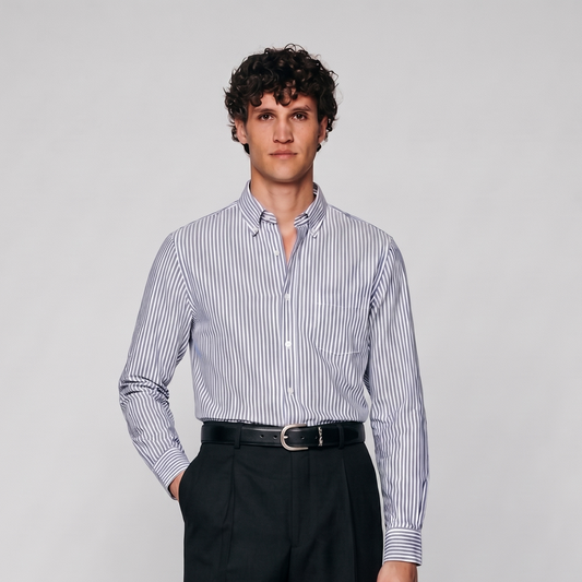 Male model wearing navy blue striped Oxford shirt for men