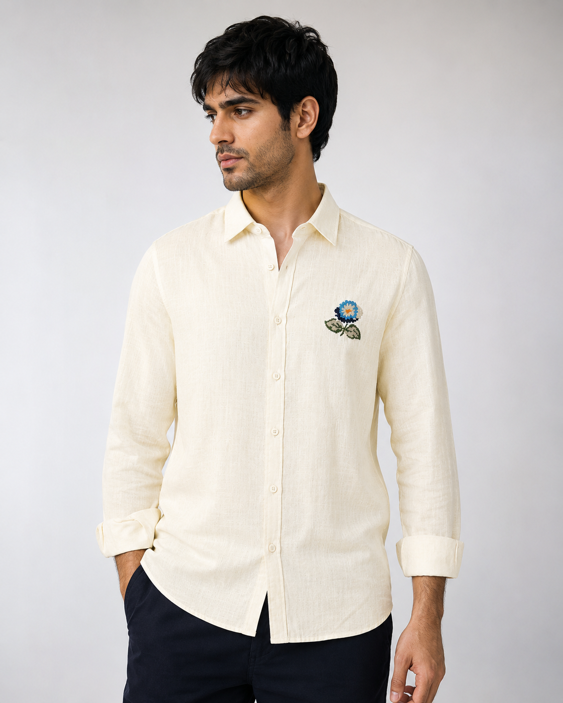 Male model wearing premium butter yellow embroidered linen shirt for men