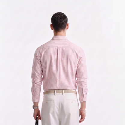 Back view of male model wearing premium soft pink striped Oxford shirt