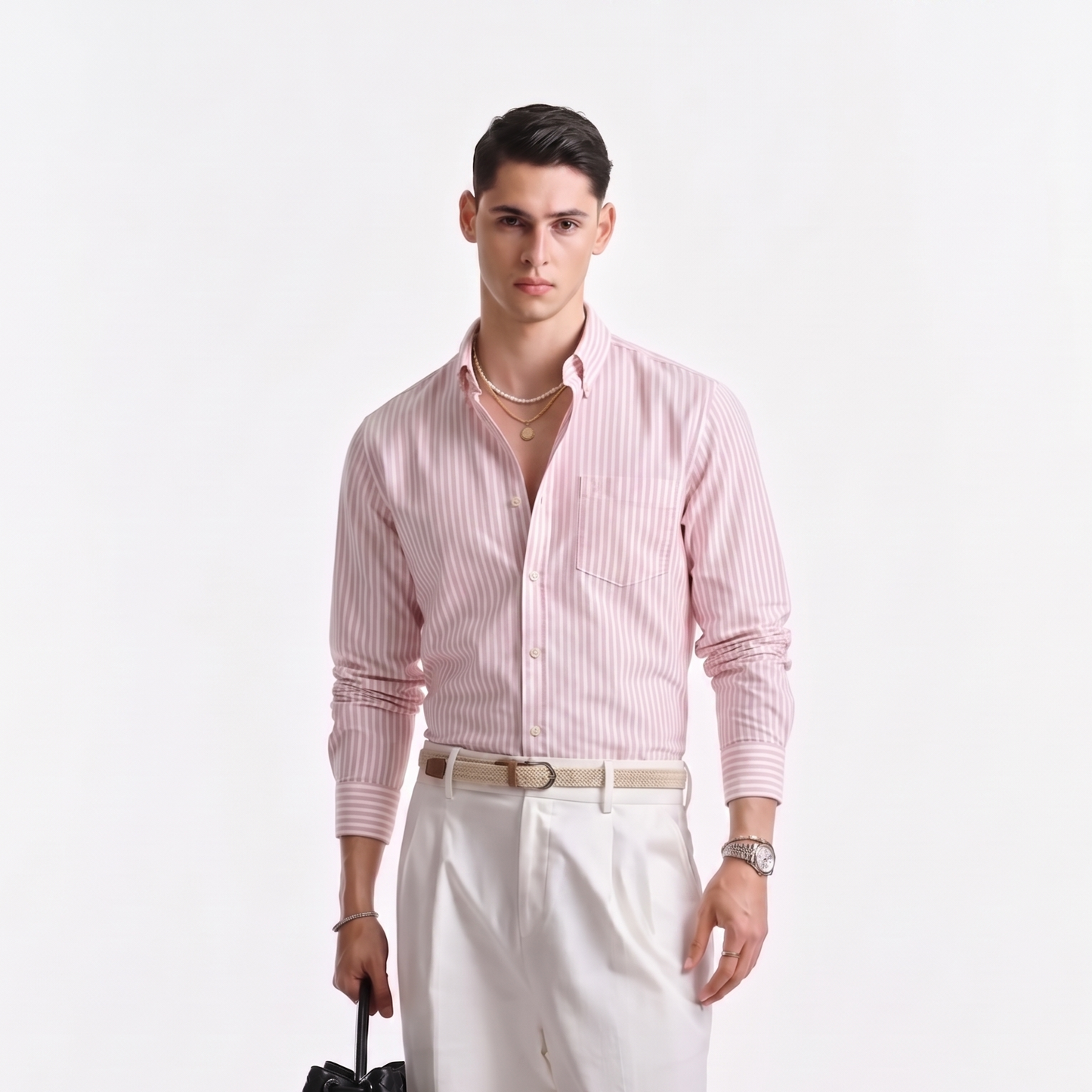 Male model wearing soft pink striped Oxford shirt for men