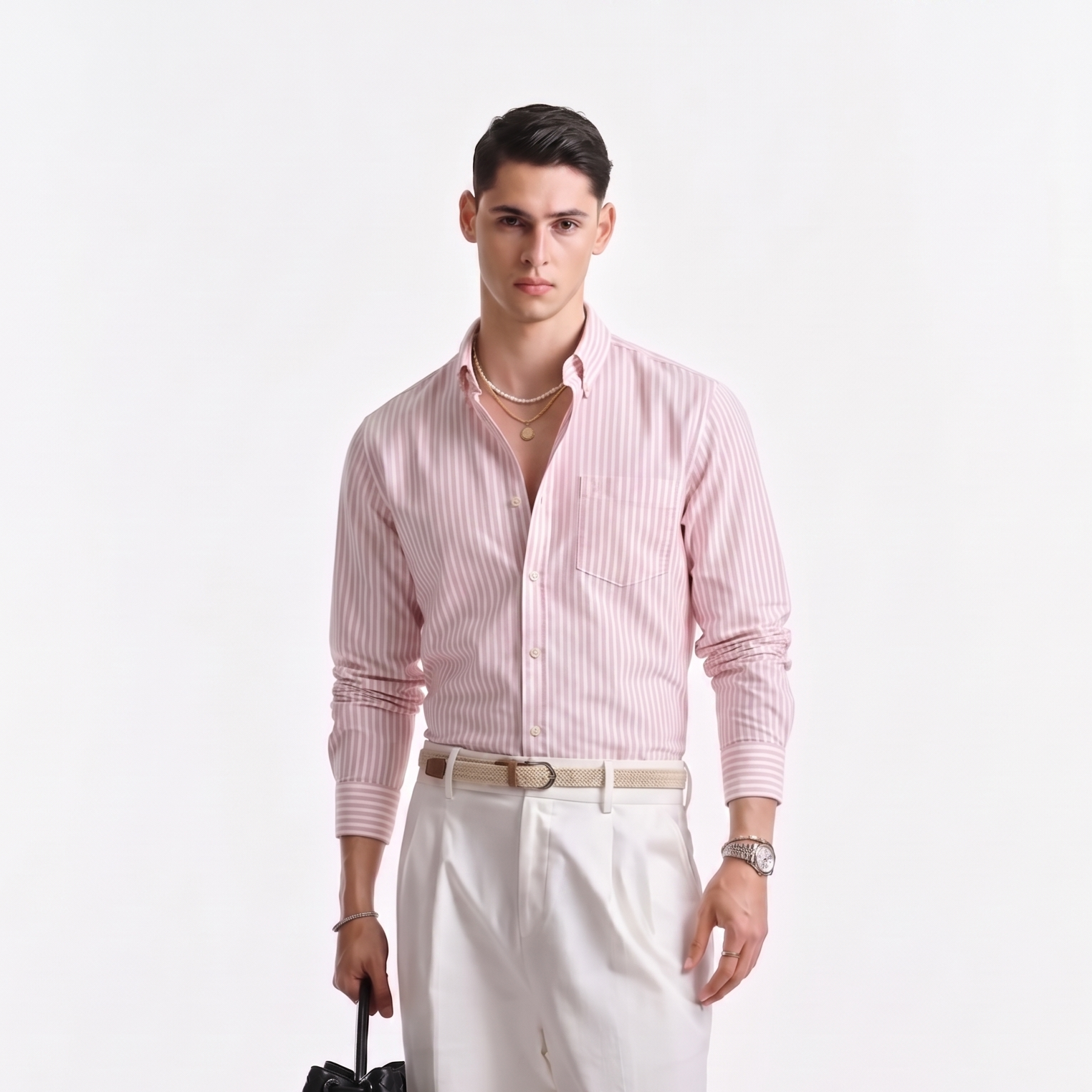 Male model wearing soft pink striped Oxford shirt for men