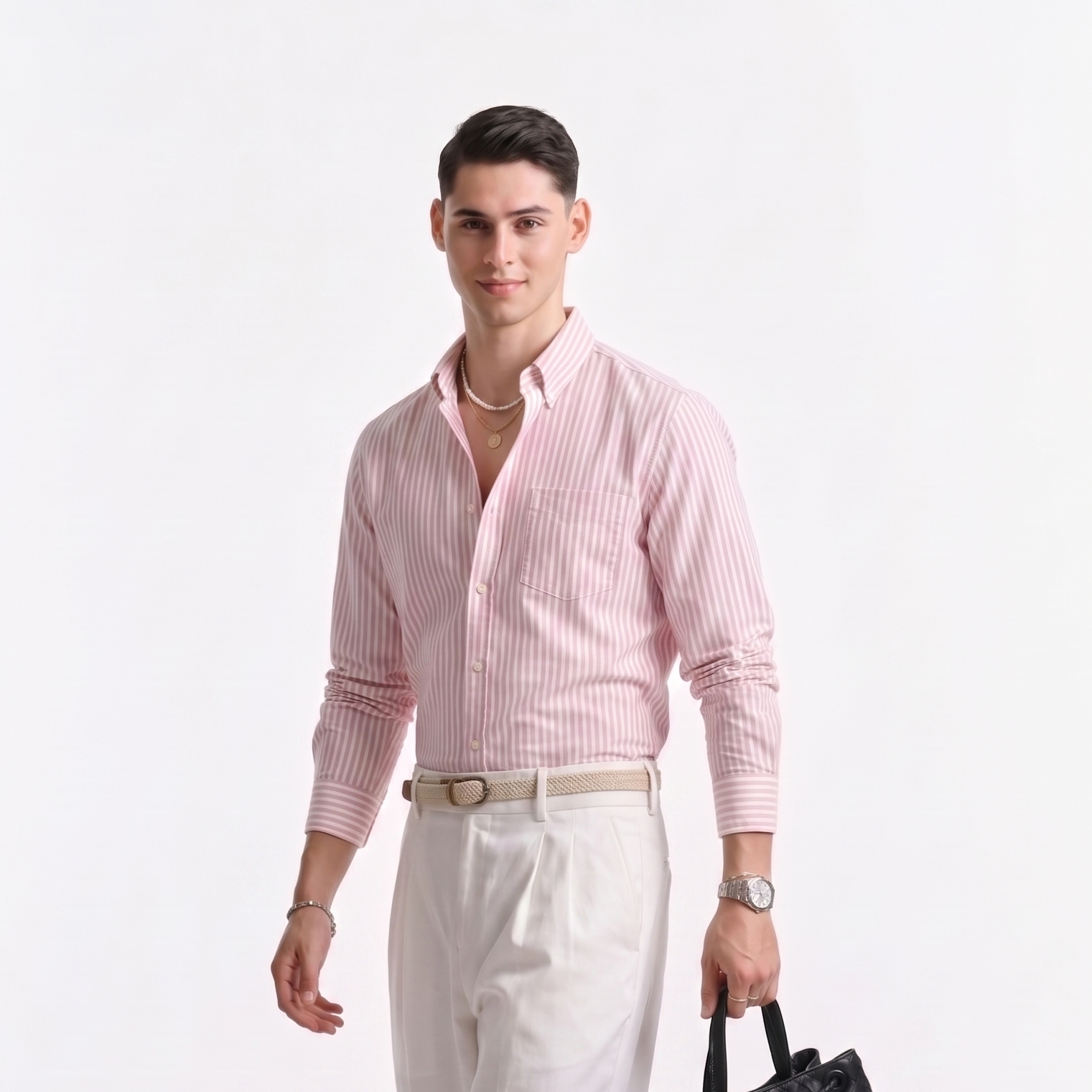 Side profile of male model wearing soft pink striped Oxford shirt