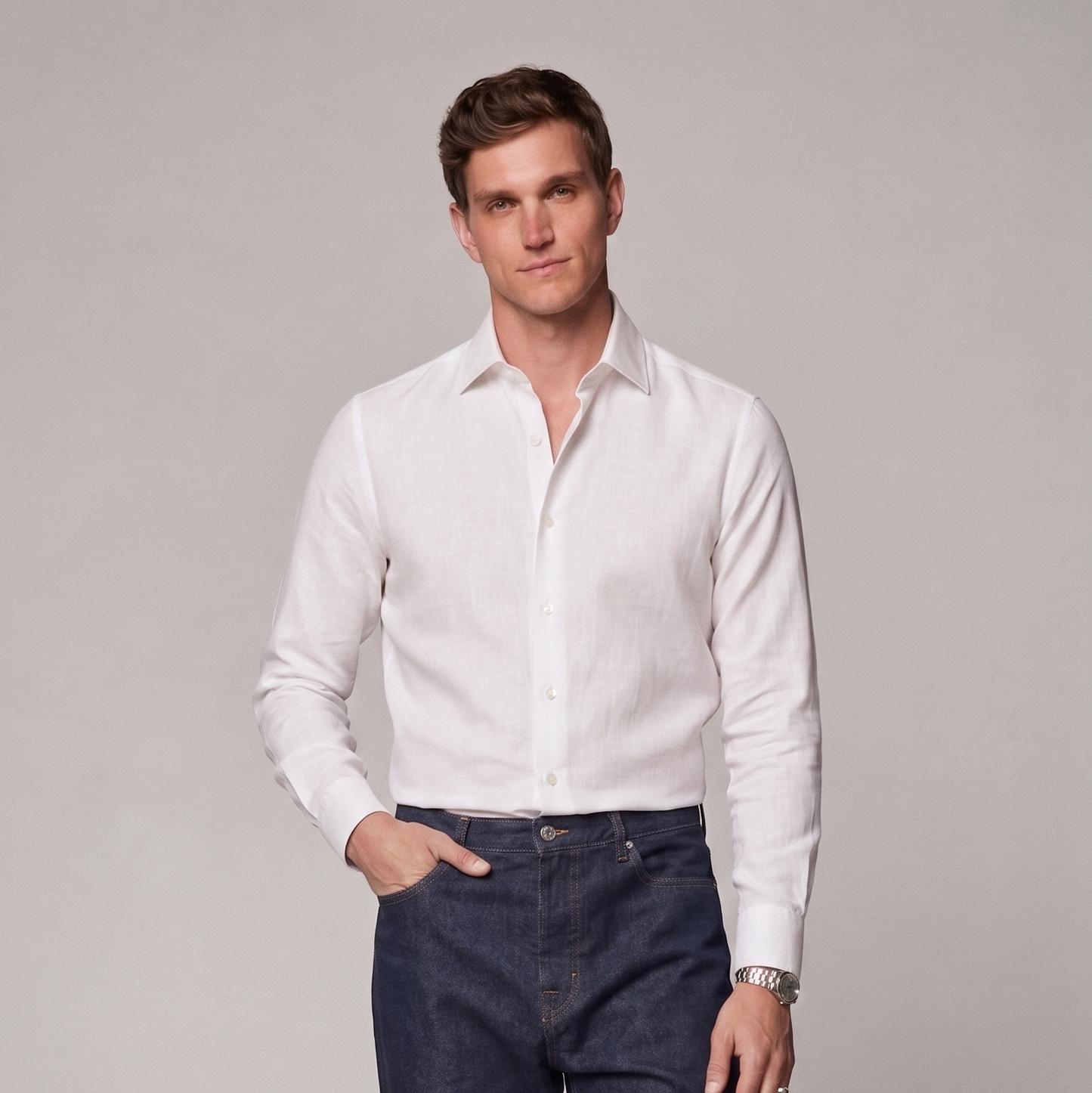 Male model wearing white linen shirt for men