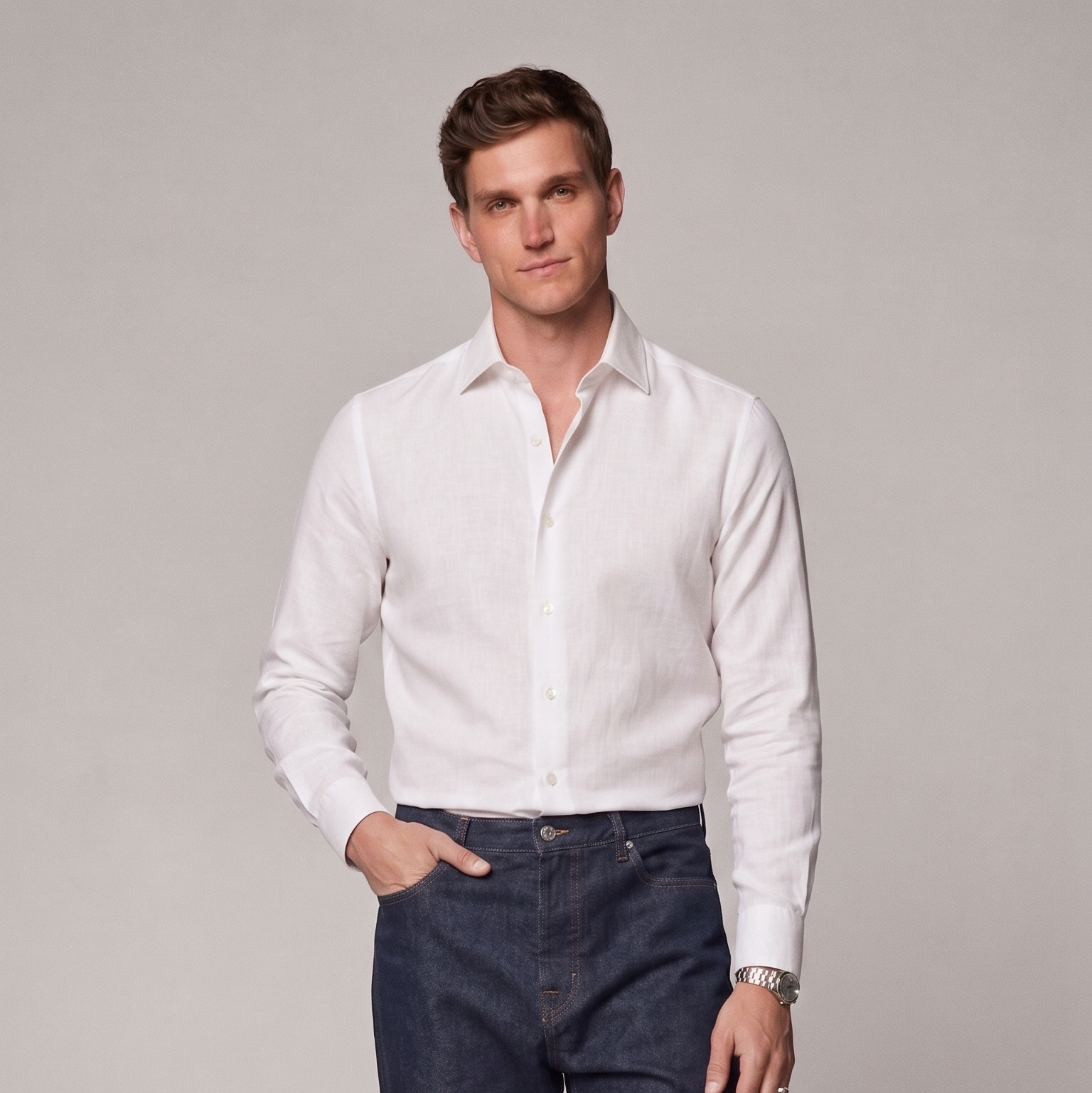 Male model wearing white linen shirt for men