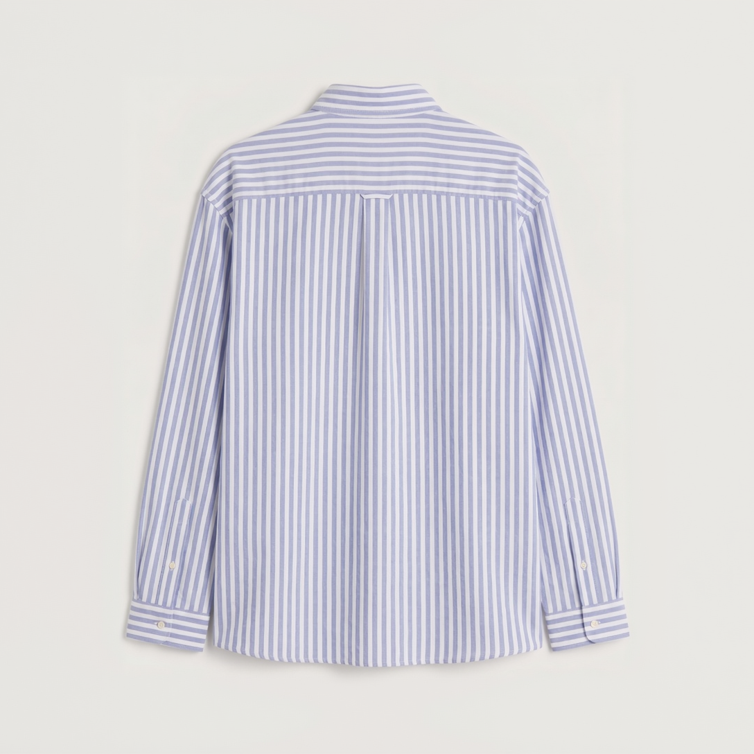 Back view of premium navy blue striped Oxford shirt for men