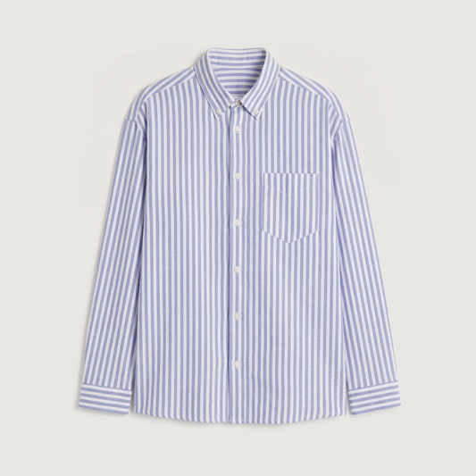Premium navy blue striped Oxford shirt for men by Nakul Sakhiya
