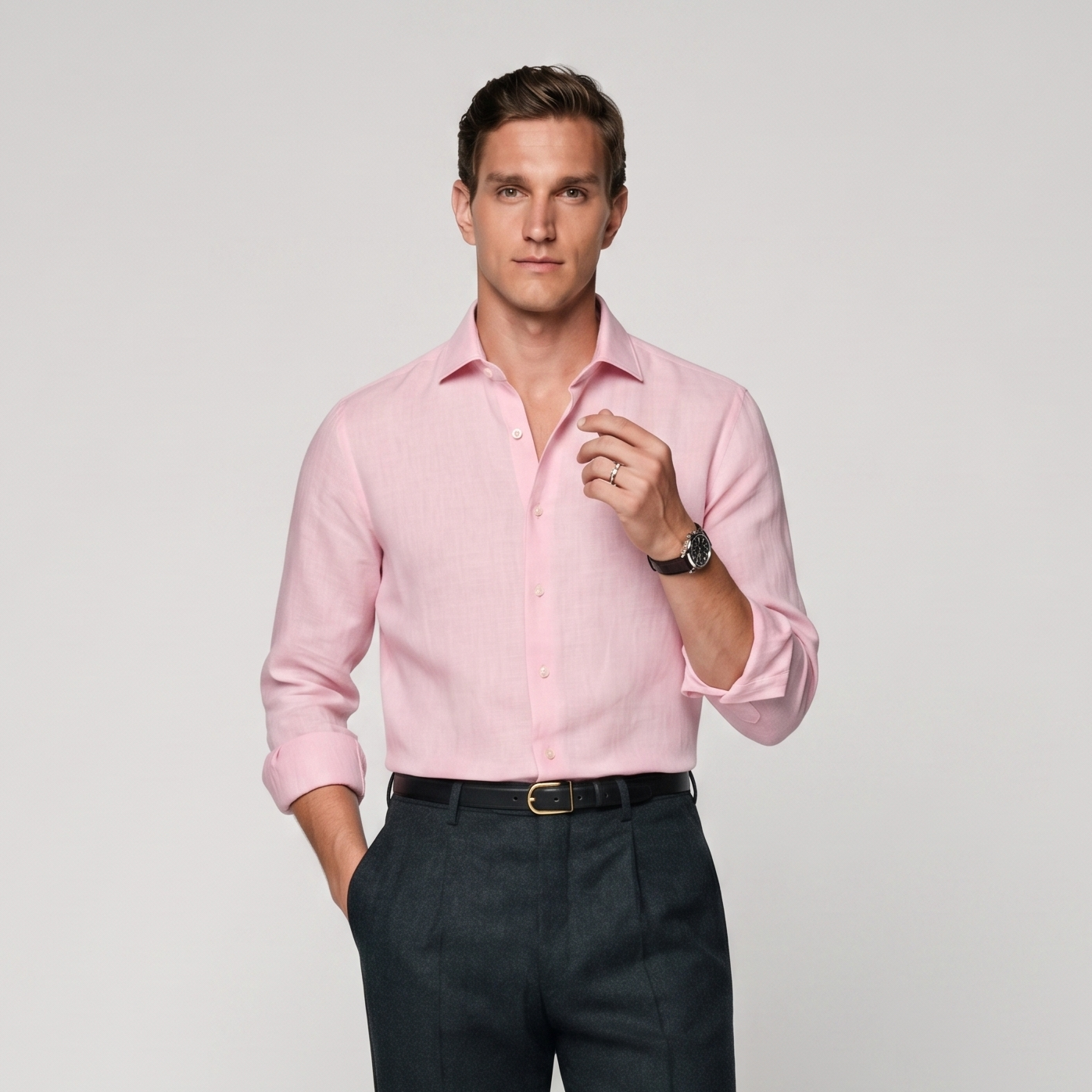 Mens premium baby pink linen shirt styled for smart casual wear