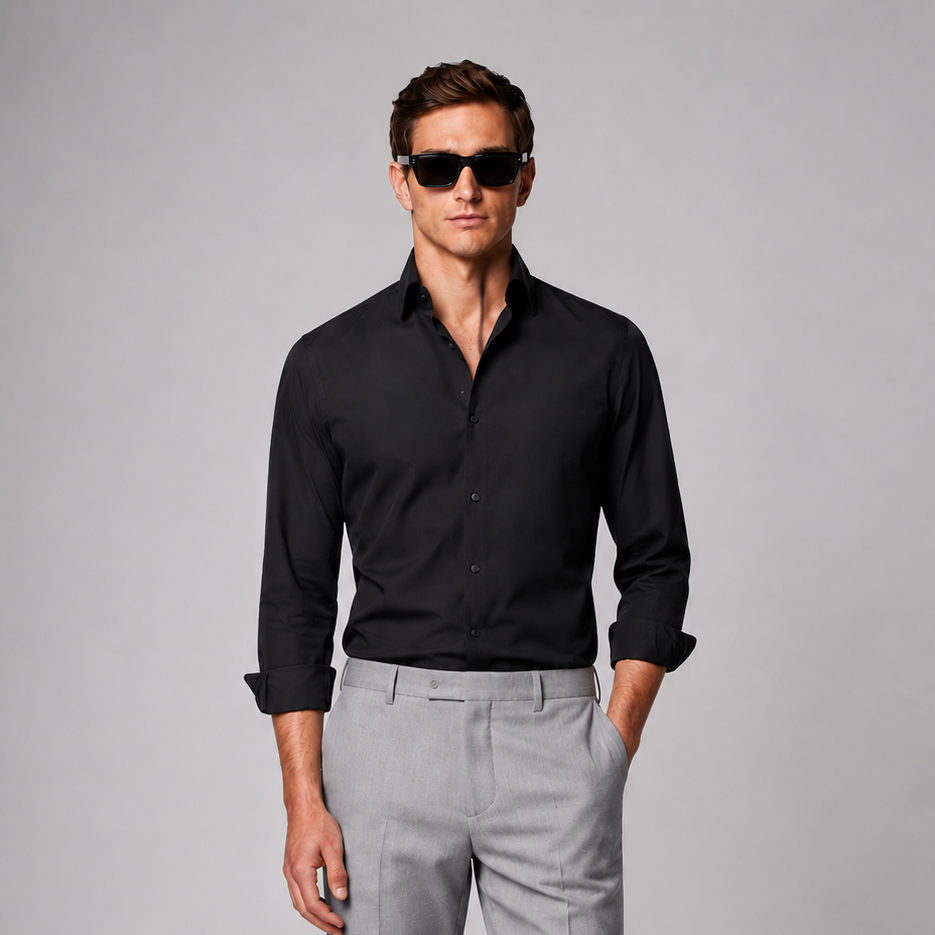 Model wearing Premium Black Satin Shirt for Men by Nakul Sakhiya