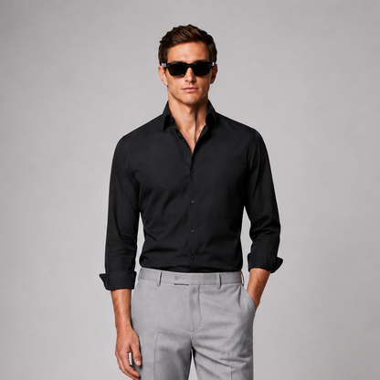Model wearing Premium Black Satin Shirt for Men by Nakul Sakhiya