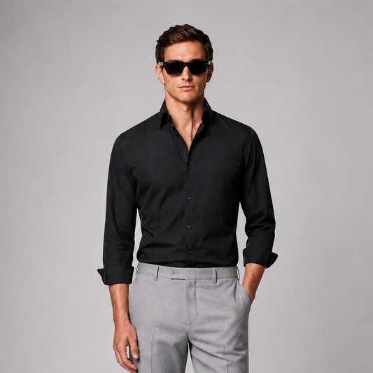 Model wearing Premium Black Satin Shirt for Men by Nakul Sakhiya