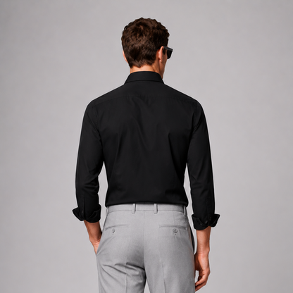 Side profile of model wearing Premium Black Satin Shirt for Men