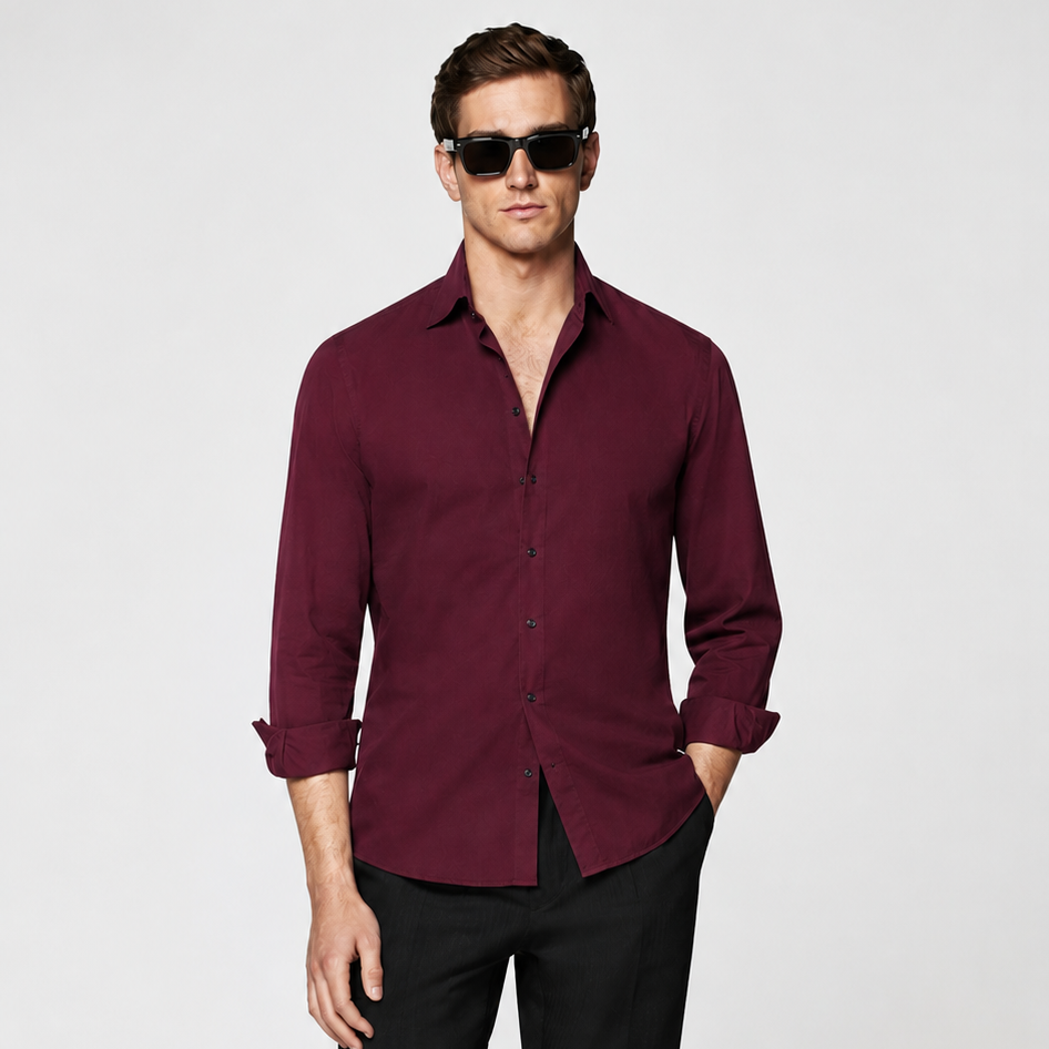 Men's Premium Burgundy Satin Shirt by Nakul Sakhiya styled on model – Front View