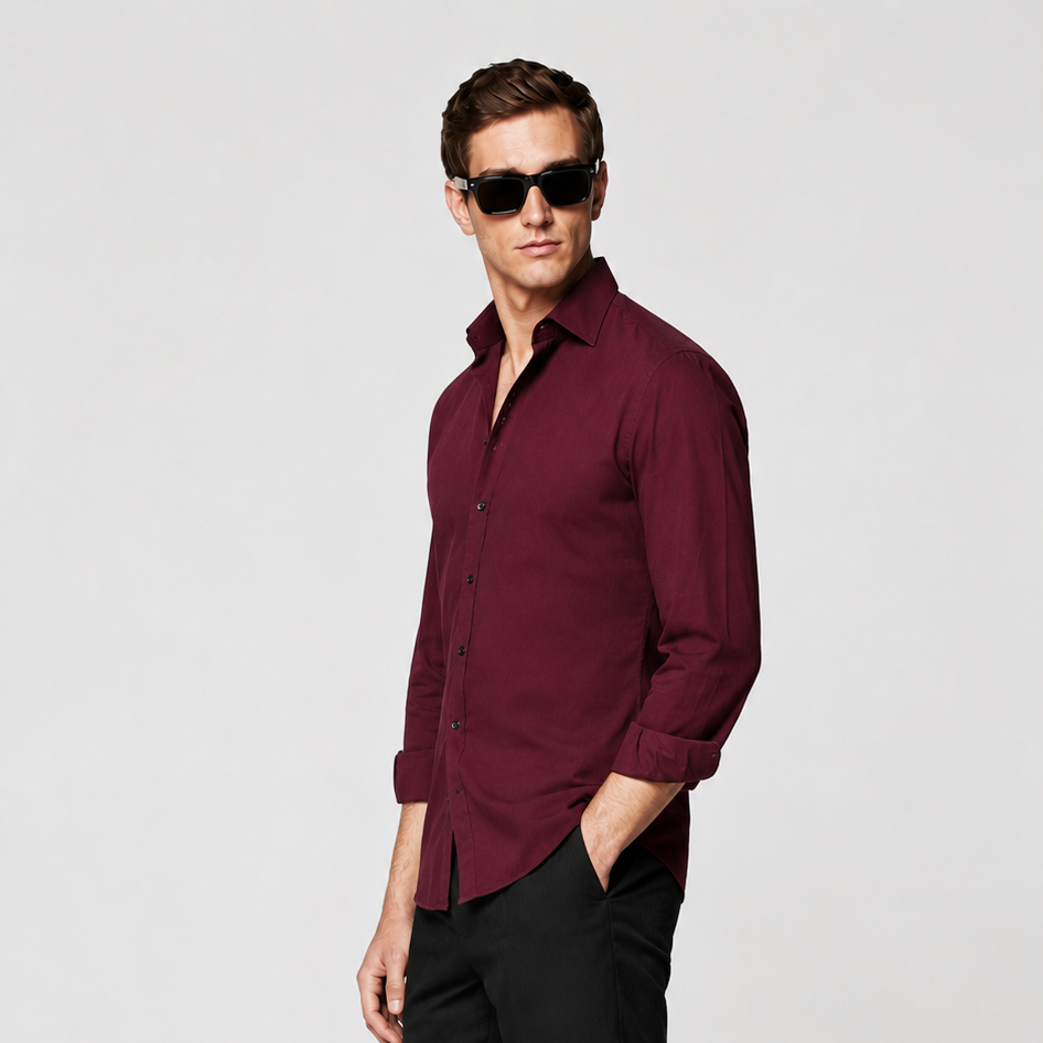 Premium Burgundy Satin Shirt for Men by Nakul Sakhiya – Side View Styling