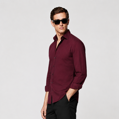 Premium Burgundy Satin Shirt for Men by Nakul Sakhiya – Side View Styling