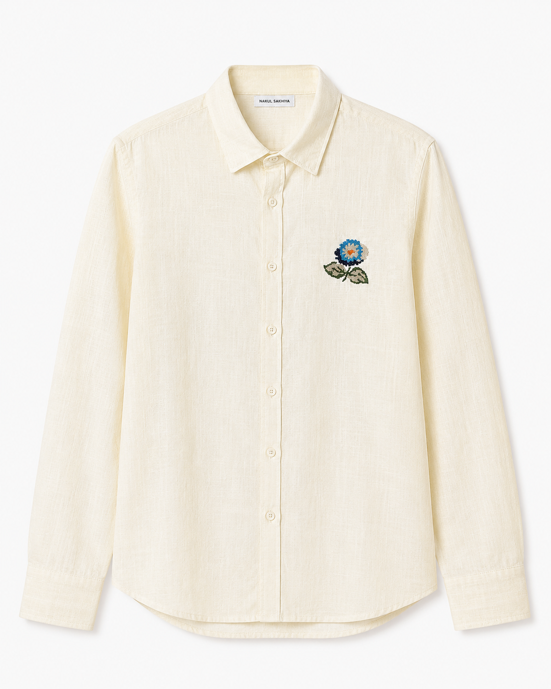 Premium butter yellow embroidered linen shirt for men by Nakul Sakhiya