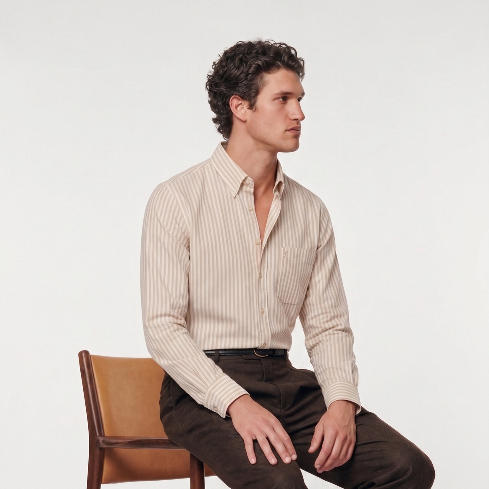 Mens premium classic beige striped Oxford shirt styled for smart casual wear