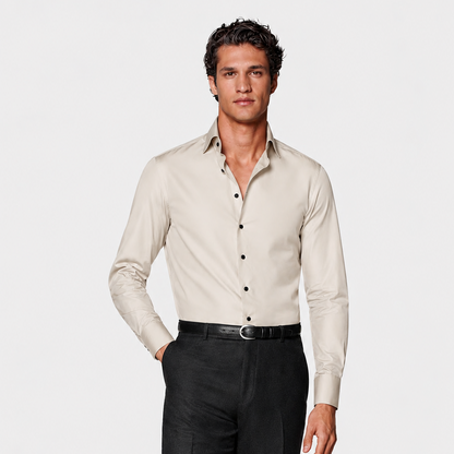 Model wearing Premium Ivory Satin Shirt for Men by Nakul Sakhiya