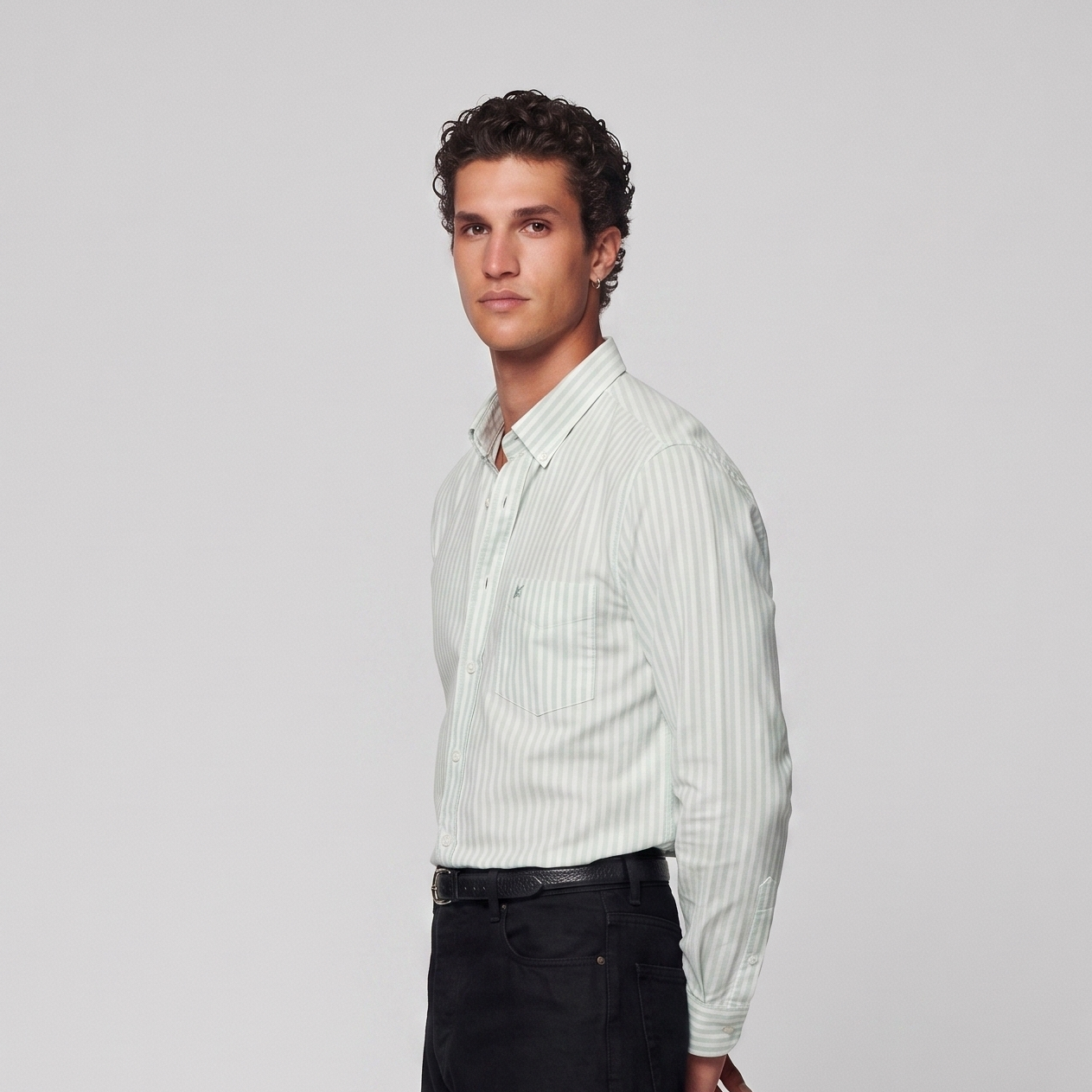 Mens premium mint green striped Oxford shirt styled for smart casual wear