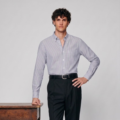 Mens premium navy blue striped Oxford shirt styled for smart casual wear