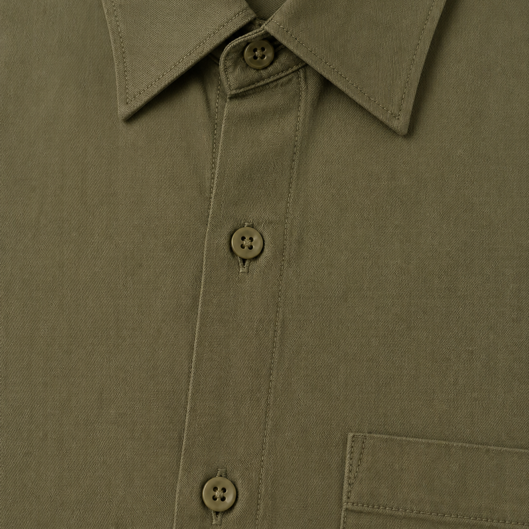 Close Up Linen Fabric Detail of Premium Olive Green Shirt