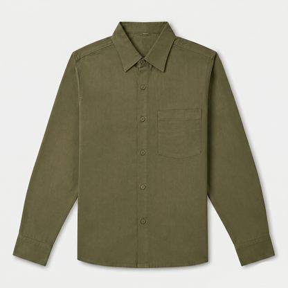 Premium Olive Green Linen Shirt for Men Front View by Nakul Sakhiya