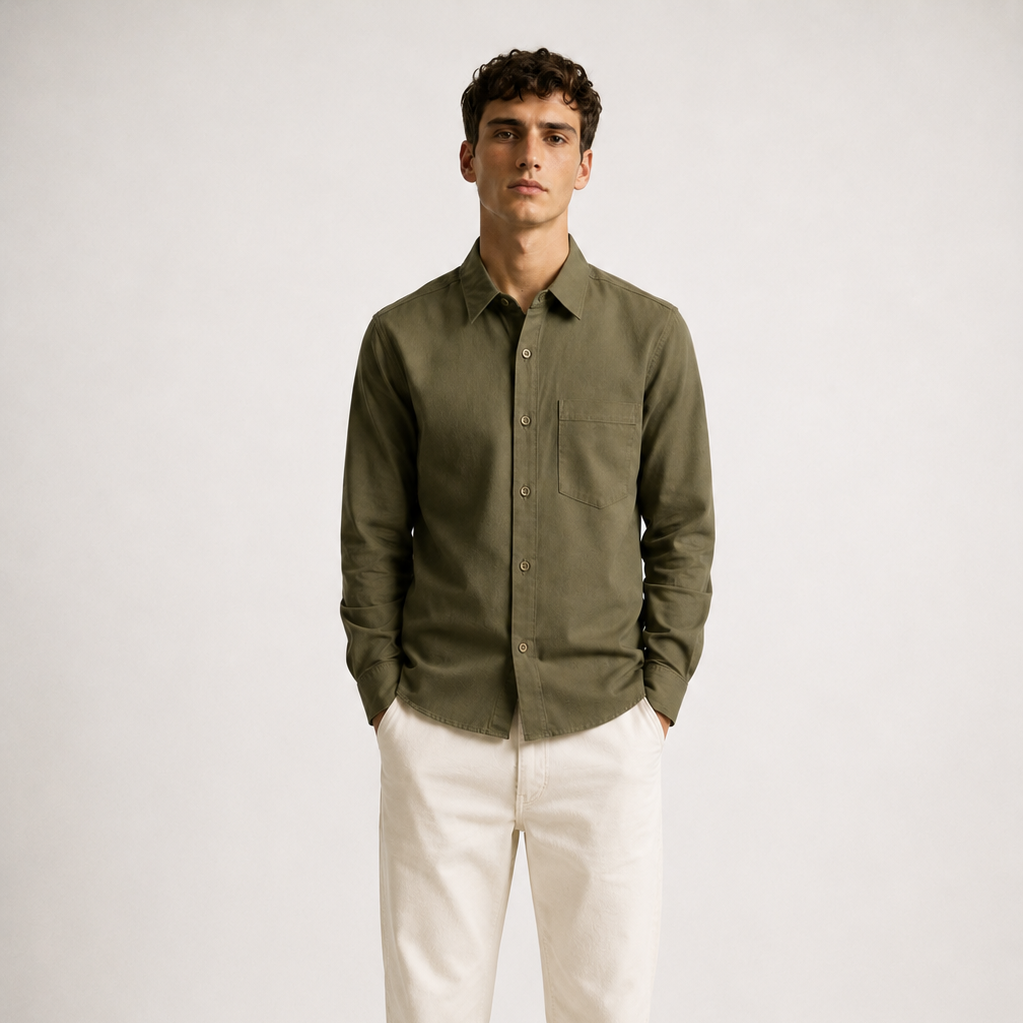 Model Wearing Premium Olive Green Linen Shirt for Men